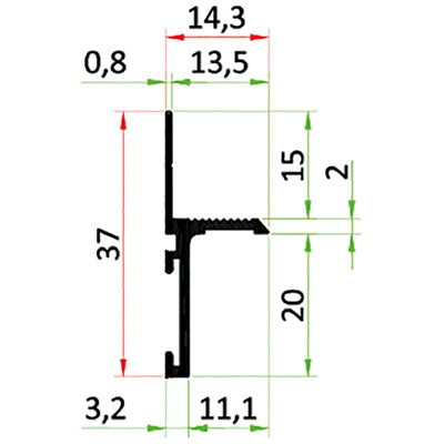 Model S20 ēnu profils 2000 x 37 x 14,3 mm