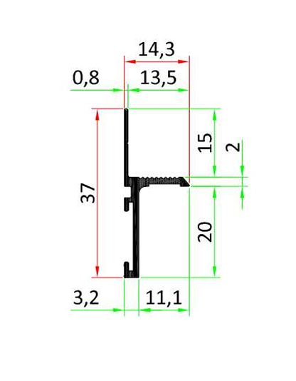 Ēnu profils Model S20, melns 2000 x 37 x 14,3 mm